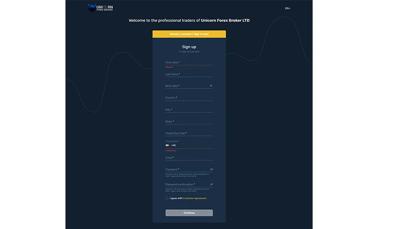 اطلاعات لازم برای ساخت اکانت در سایت Unicorn
