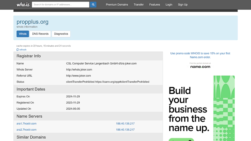 بررسی اعتبار سایت پراپ پلاس با استفاده از who.is